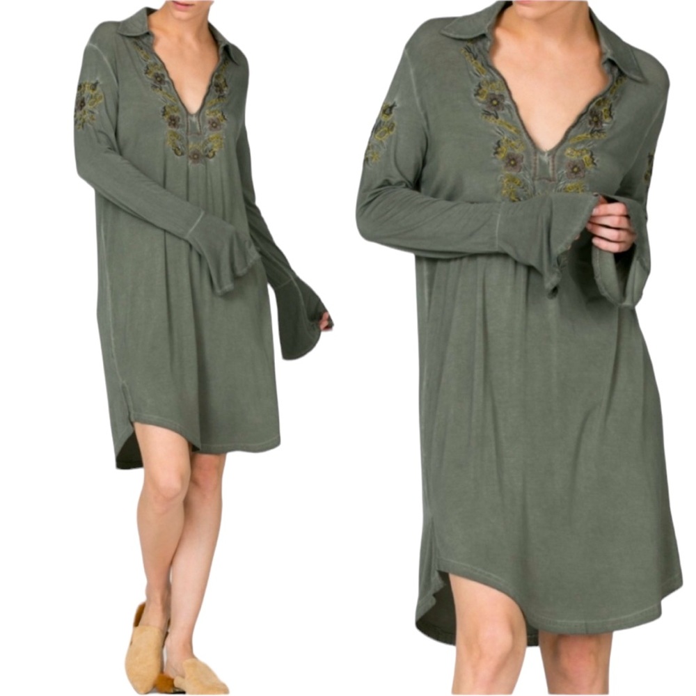 🆕 POL - Embroidered Shirt Dress - Bell Sleeves -  Olive - NIB - 1 LEFT‼️